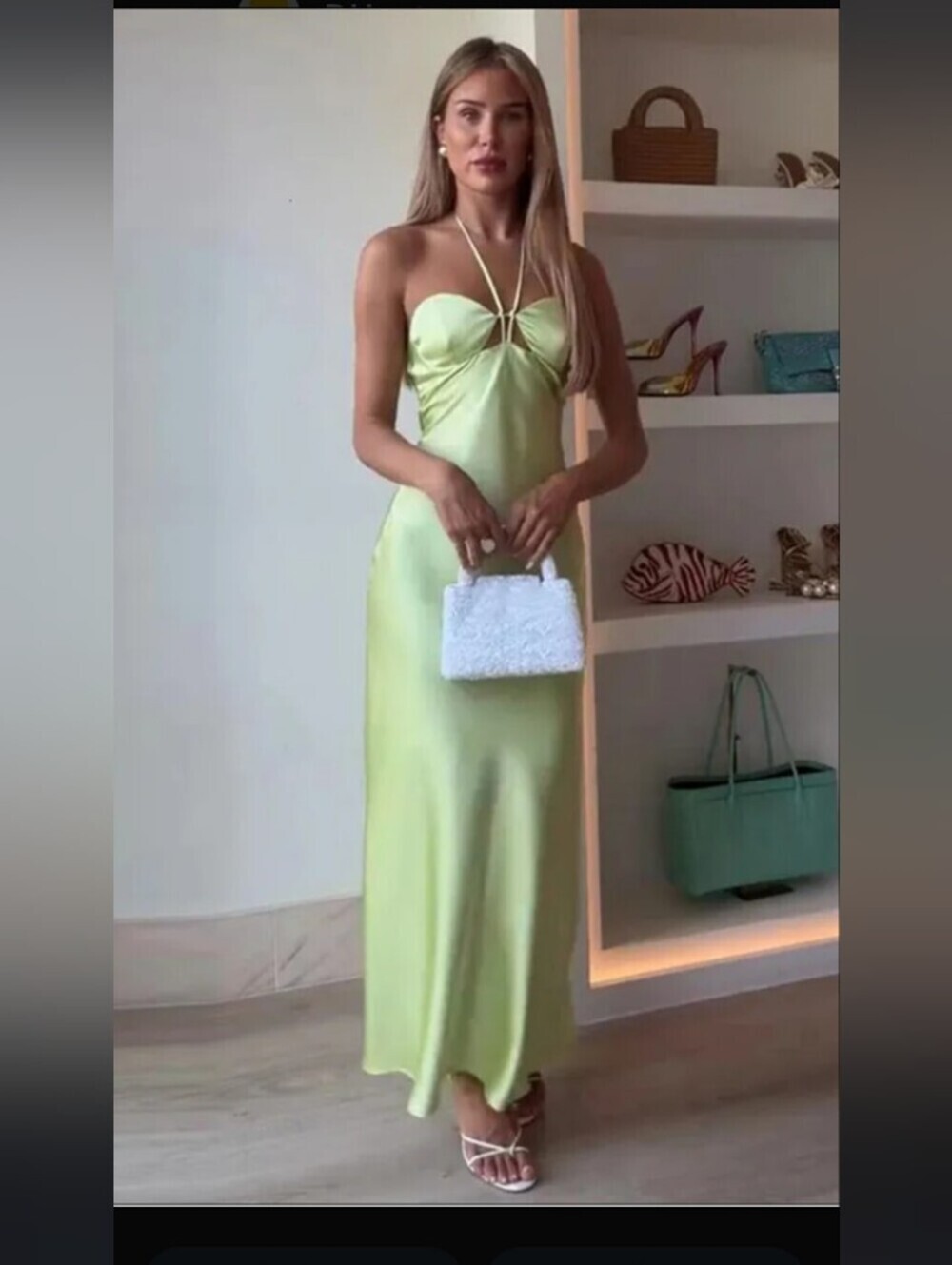 Zara Lime Green Satin Halter Maxi Dress